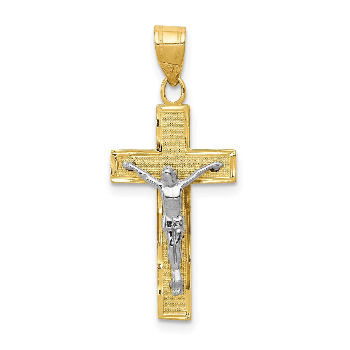14k Two-Tone Gold Crucifix Cross Pendant with Jesus Figure, Latin Religious Design