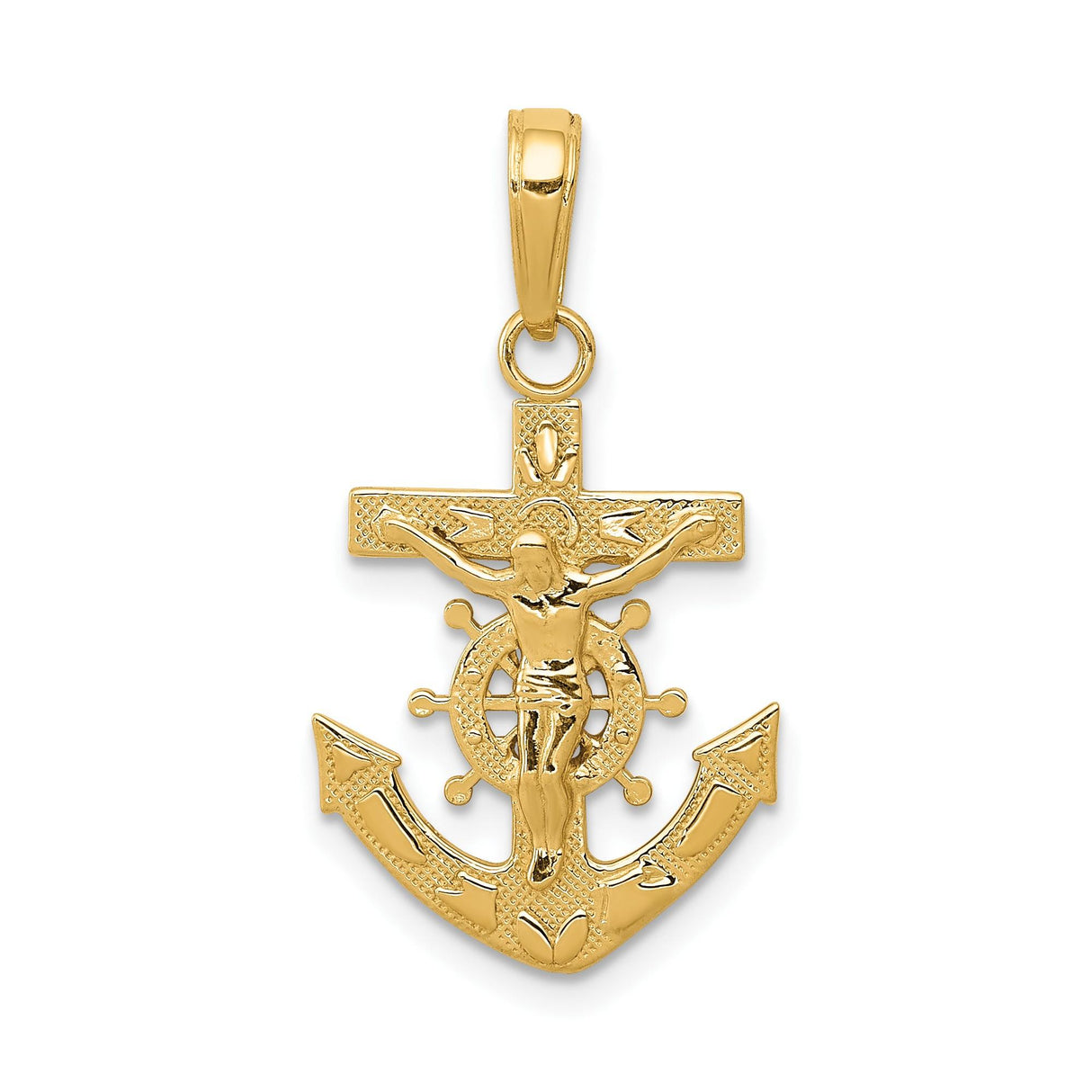 14k Yellow Gold Anchor Crucifix Pendant with Jesus Religious Nautical Cross Charm
