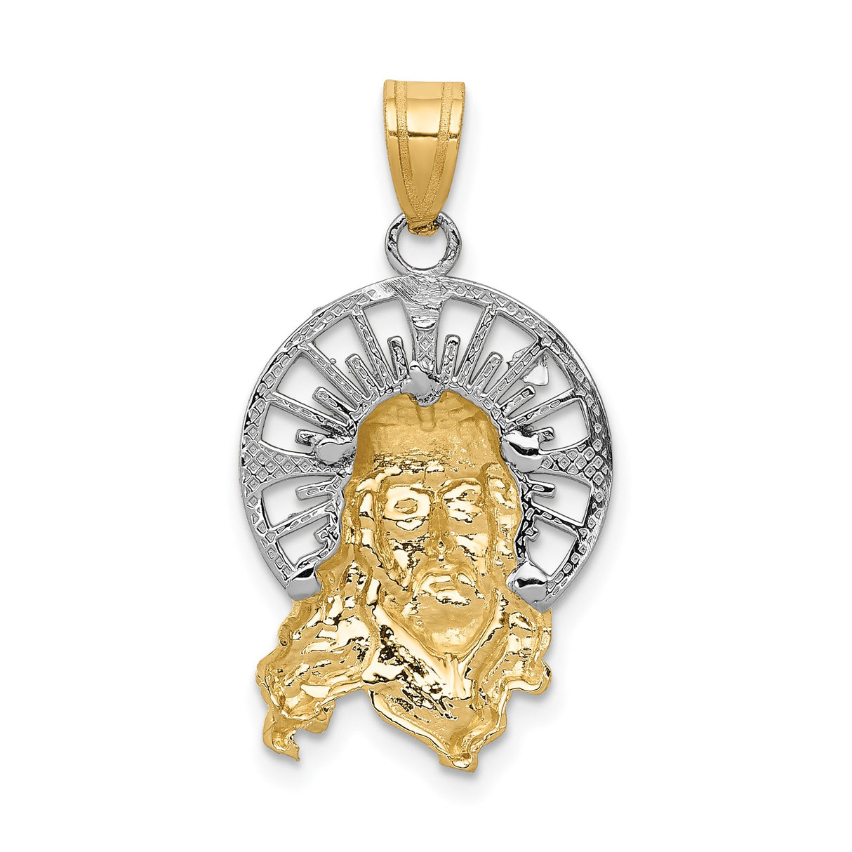 14k Tri-Color Gold Jesus Head Pendant with Crown of Thorns and Radiant Halo
