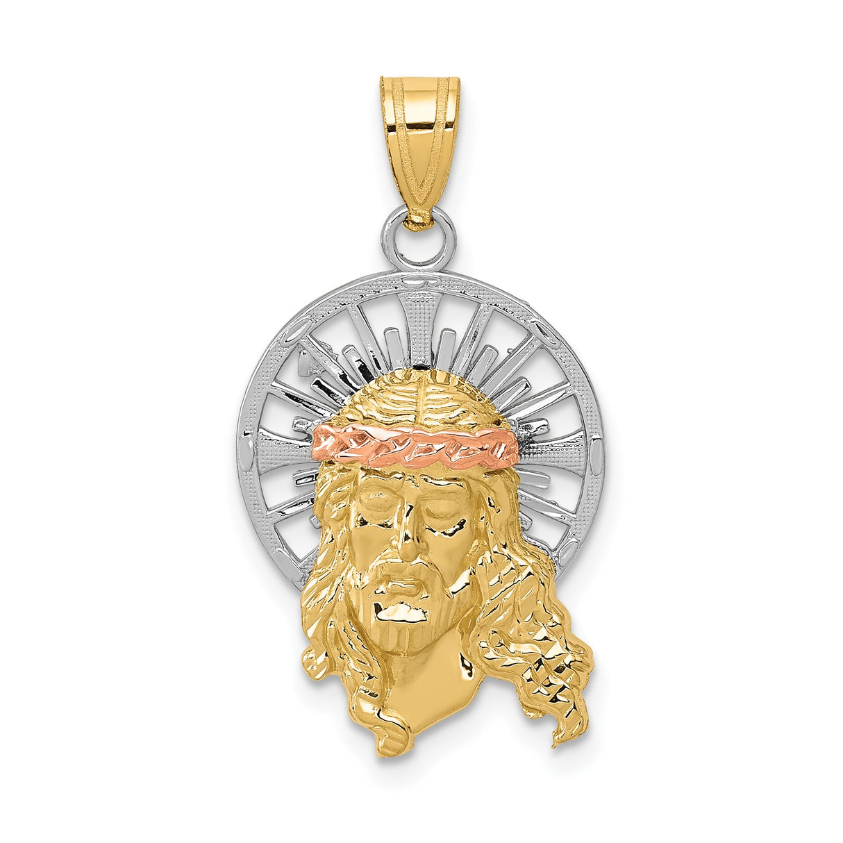14k Tri-Color Gold Jesus Head Pendant with Crown of Thorns and Radiant Halo