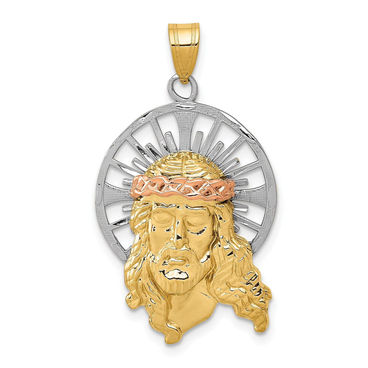 14k Tri-Color Gold Jesus Face Pendant with Crown of Thorns and Radiant Halo