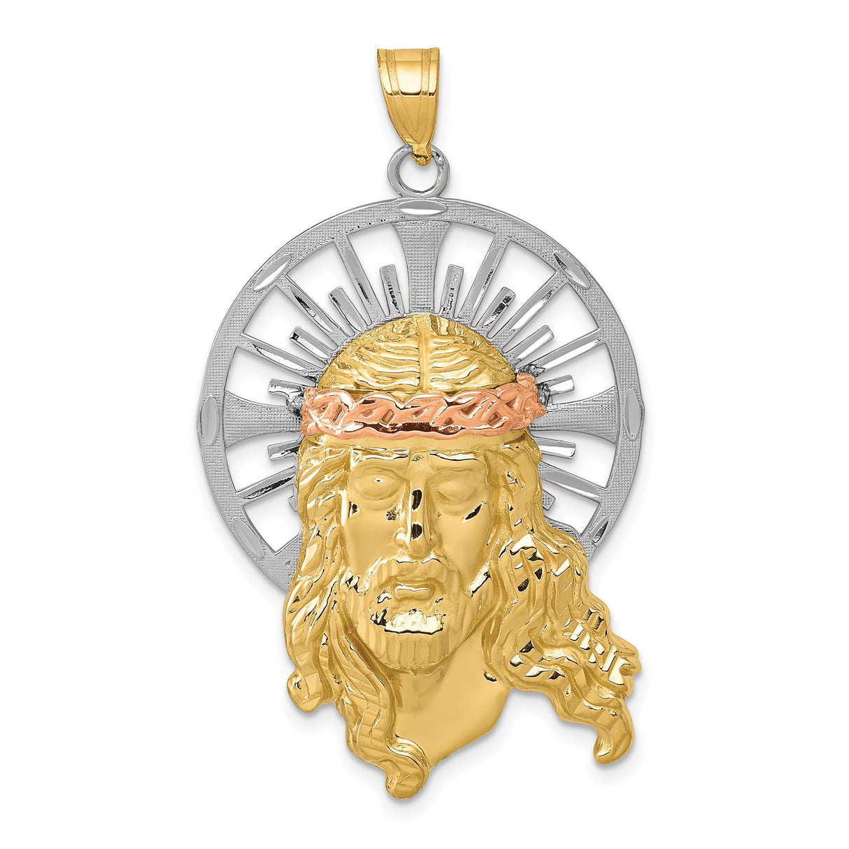 14k Tri-Color Gold Jesus Head Pendant with Crown of Thorns and Halo Design