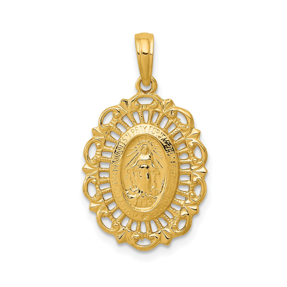 14k Yellow Gold Miraculous Medal Pendant with Virgin Mary, Filigree Oval Design, Catholic Jewelry