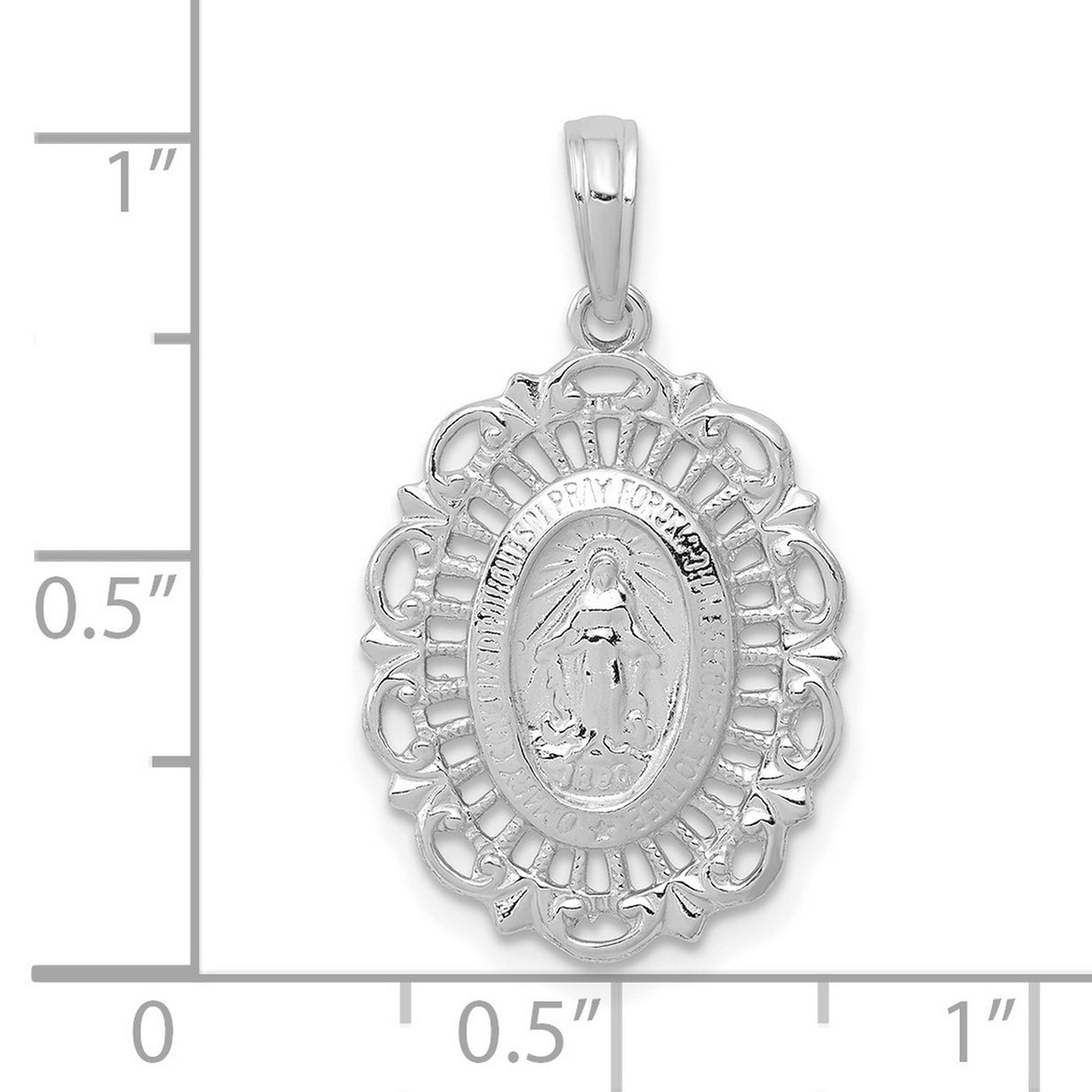 14k White Gold Miraculous Medal Pendant with Virgin Mary and Filigree Border