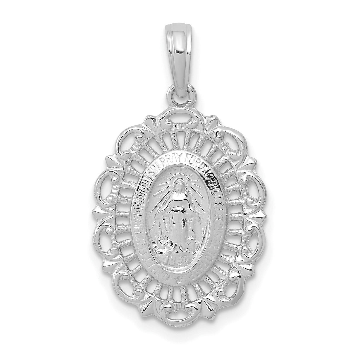 14k White Gold Miraculous Medal Pendant with Virgin Mary and Filigree Border