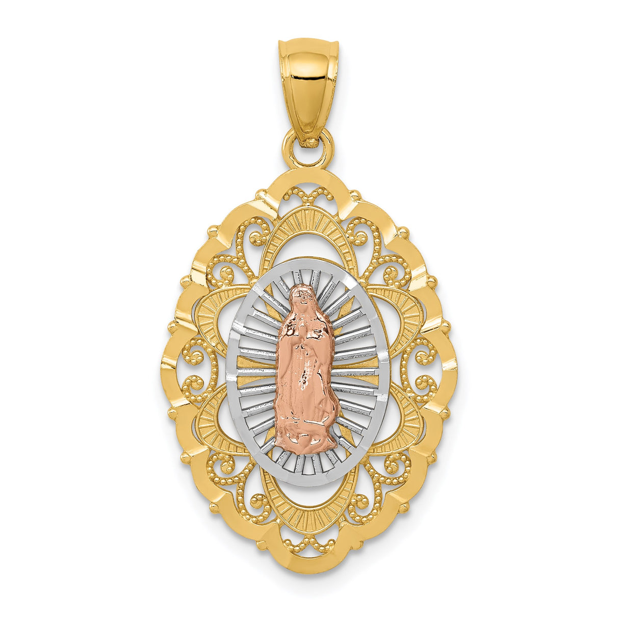14k Tri Color Gold Virgin Mary Medallion Pendant, Oval Filigree Religious Charm for Women