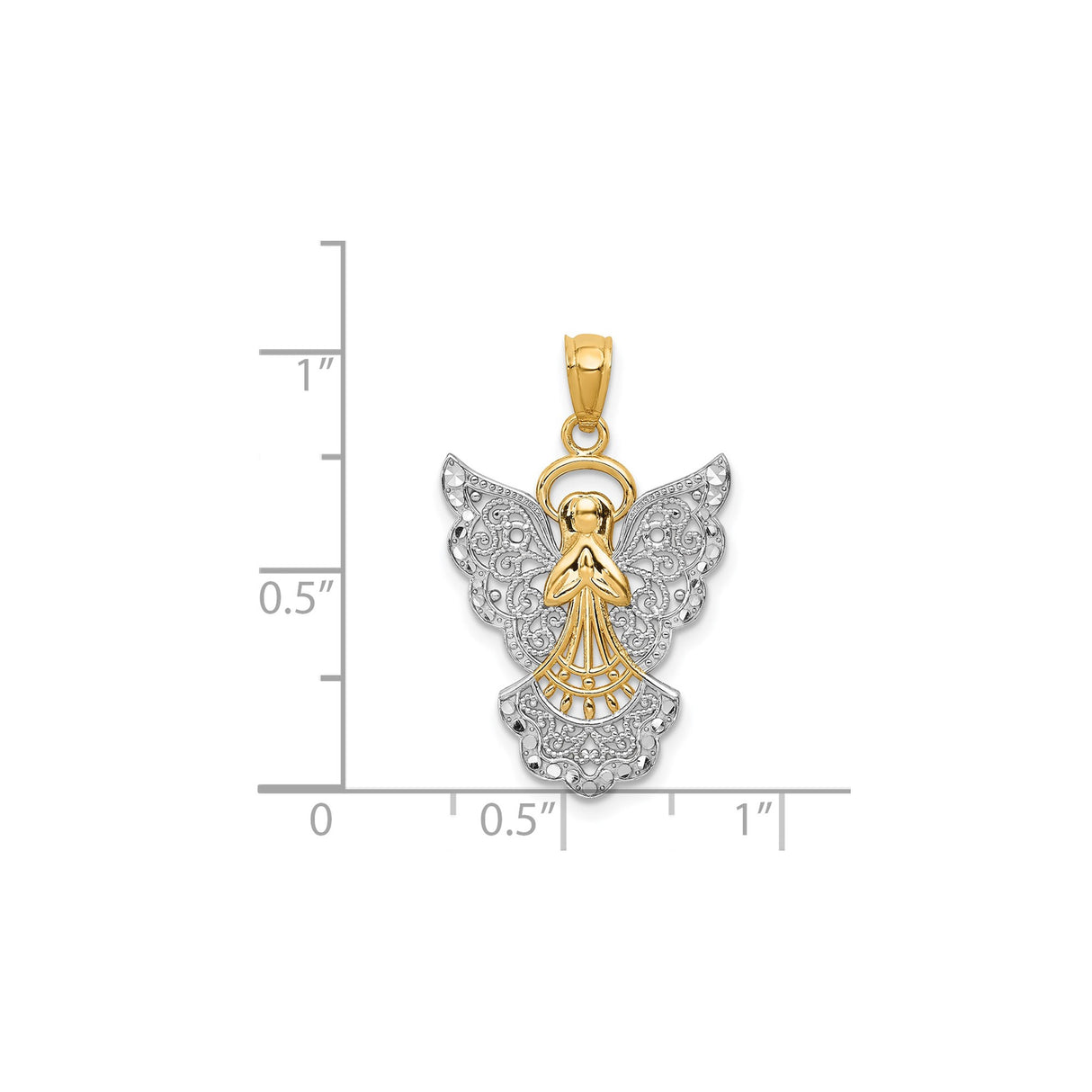14k Two-Tone Gold Angel Pendant with Filigree Wings and Praying Figure, Halo Christian Charm