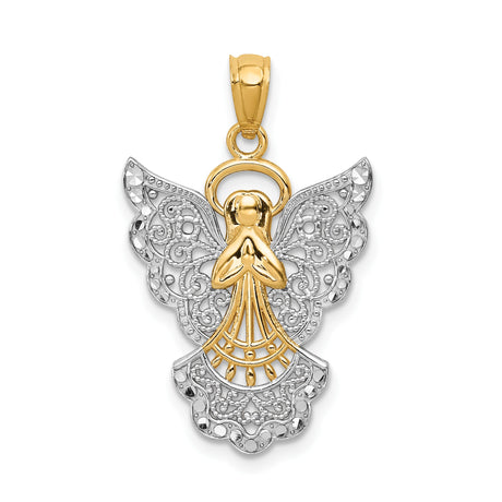 14k Two-Tone Gold Angel Pendant with Filigree Wings and Praying Figure, Halo Christian Charm