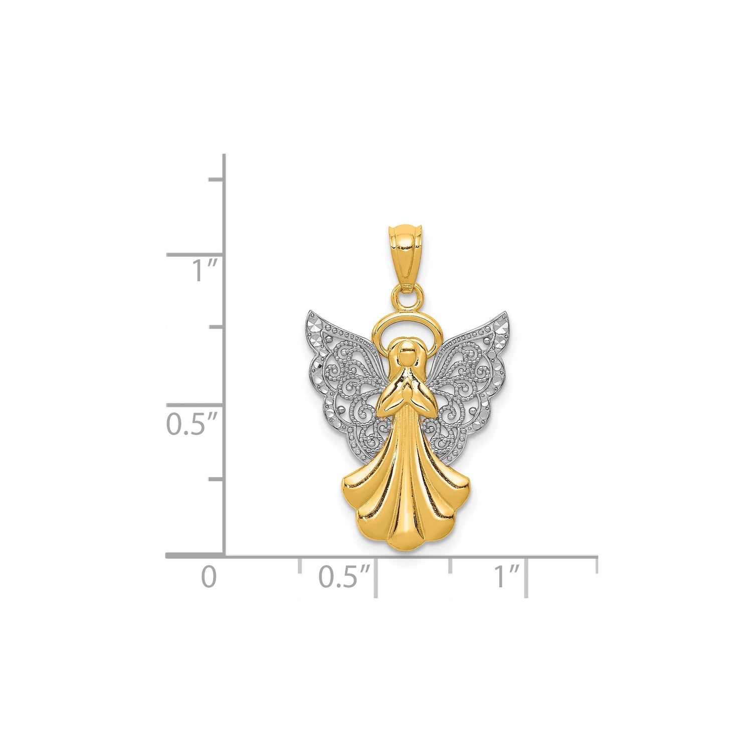 14k Two-Tone Gold Angel Pendant with Filigree Wings and Halo