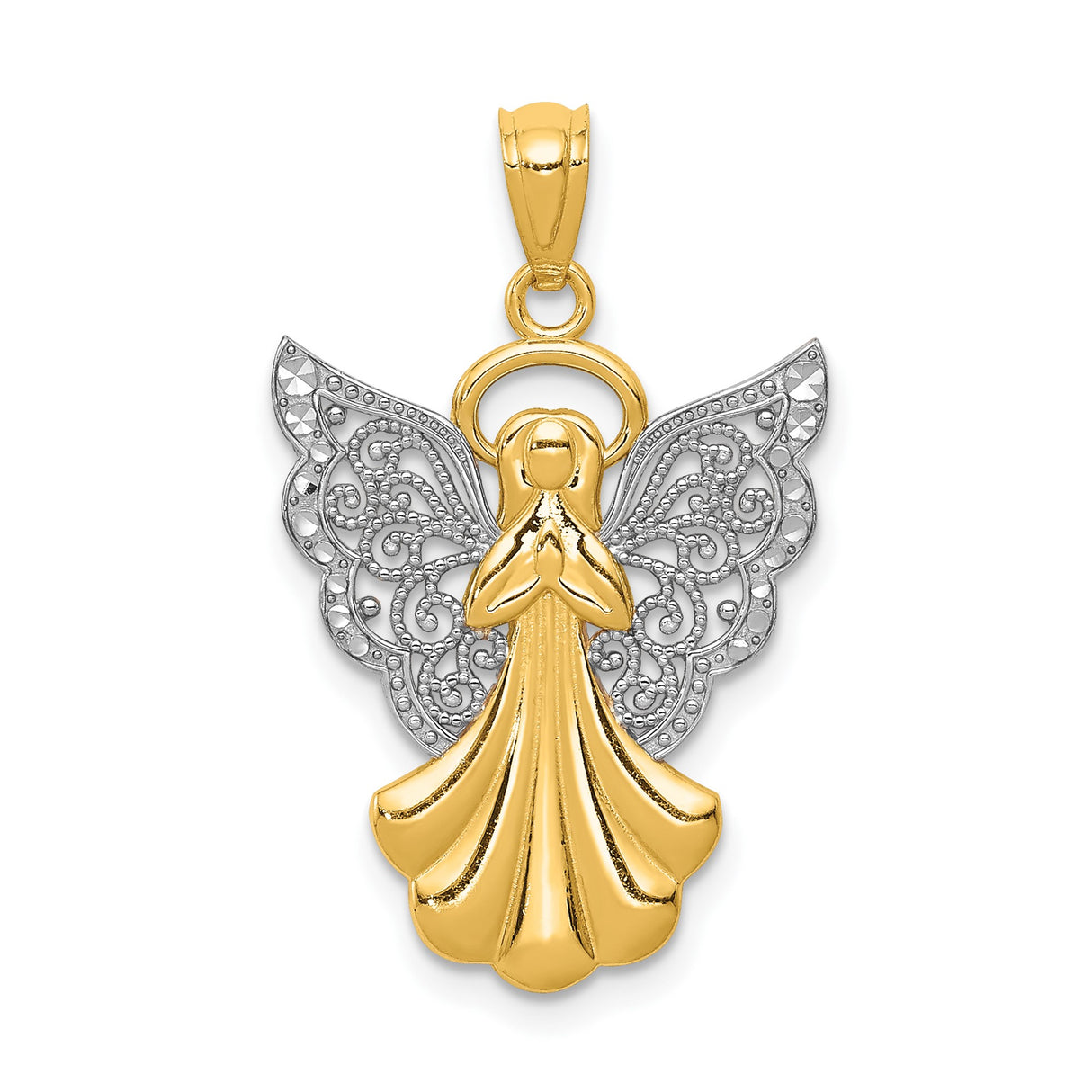14k Two-Tone Gold Angel Pendant with Filigree Wings and Halo