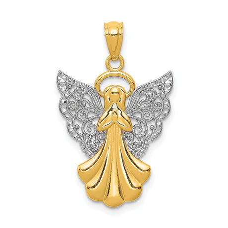 14k Two-Tone Gold Angel Pendant with Filigree Wings and Halo