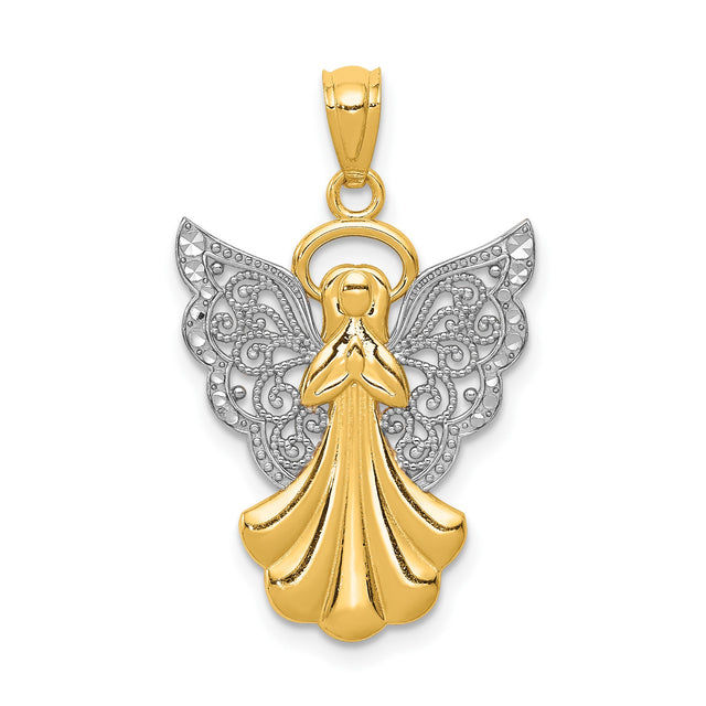 14k Two-Tone Gold Angel Pendant with Filigree Wings and Halo