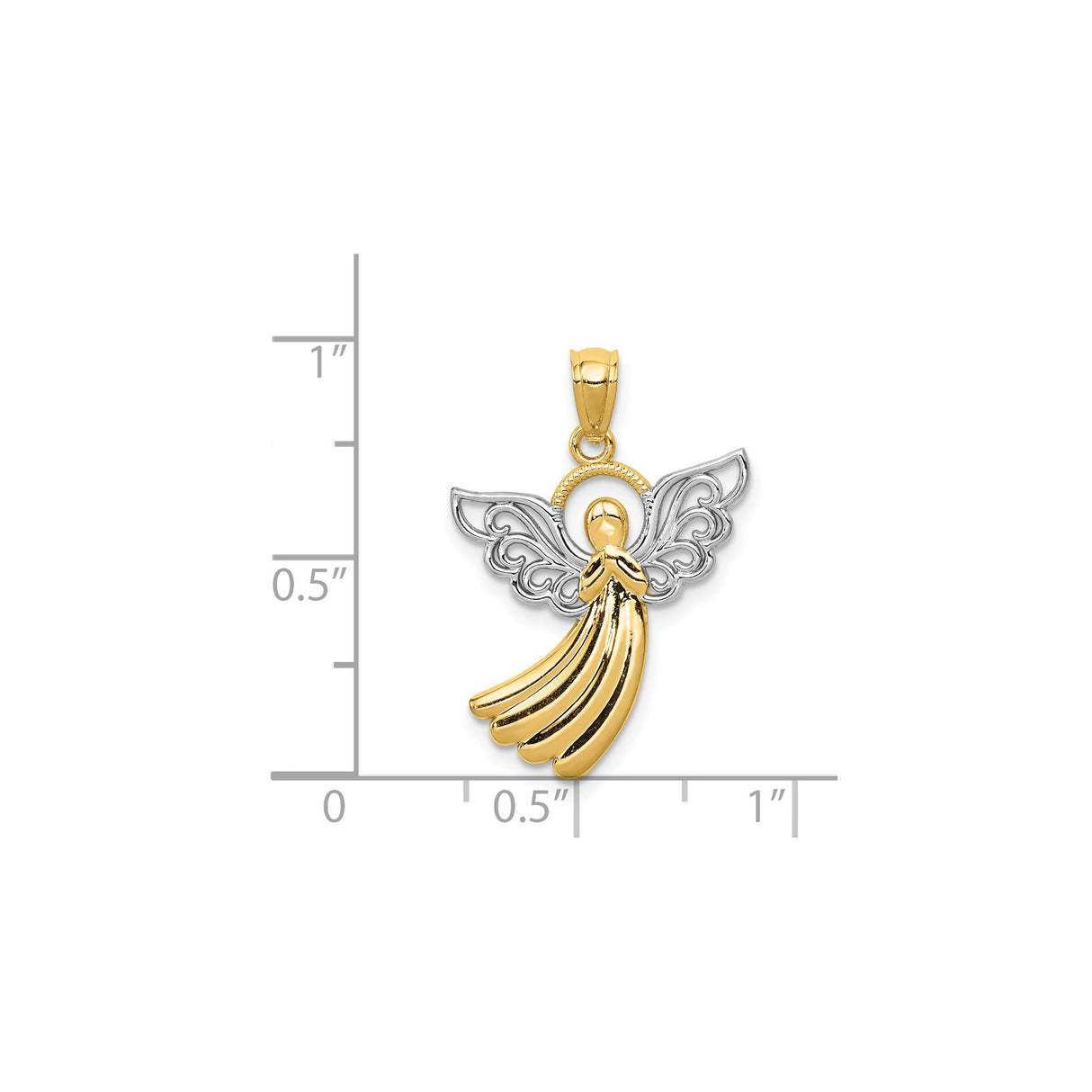 14k Multi-Tone Gold Praying Angel Pendant with Rhodium Filigree Wings and Halo