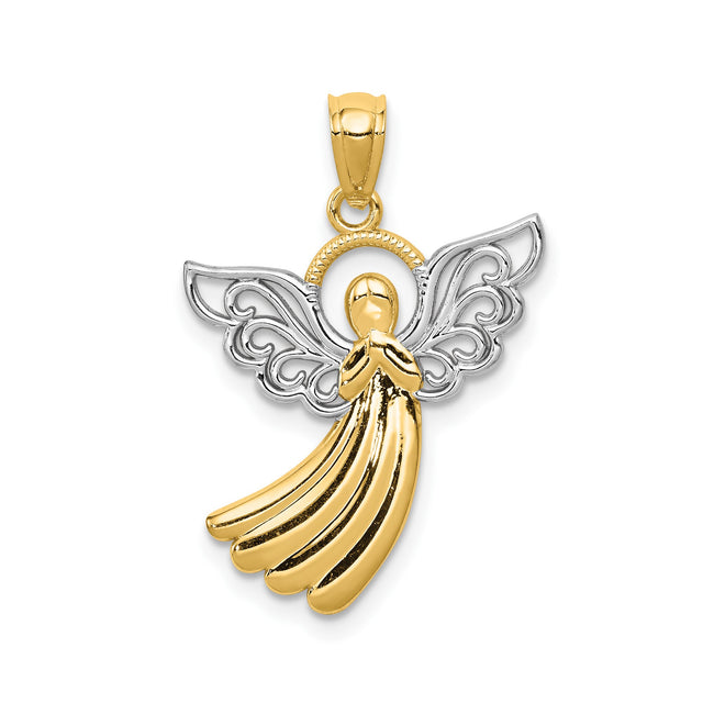 14k Multi-Tone Gold Praying Angel Pendant with Rhodium Filigree Wings and Halo