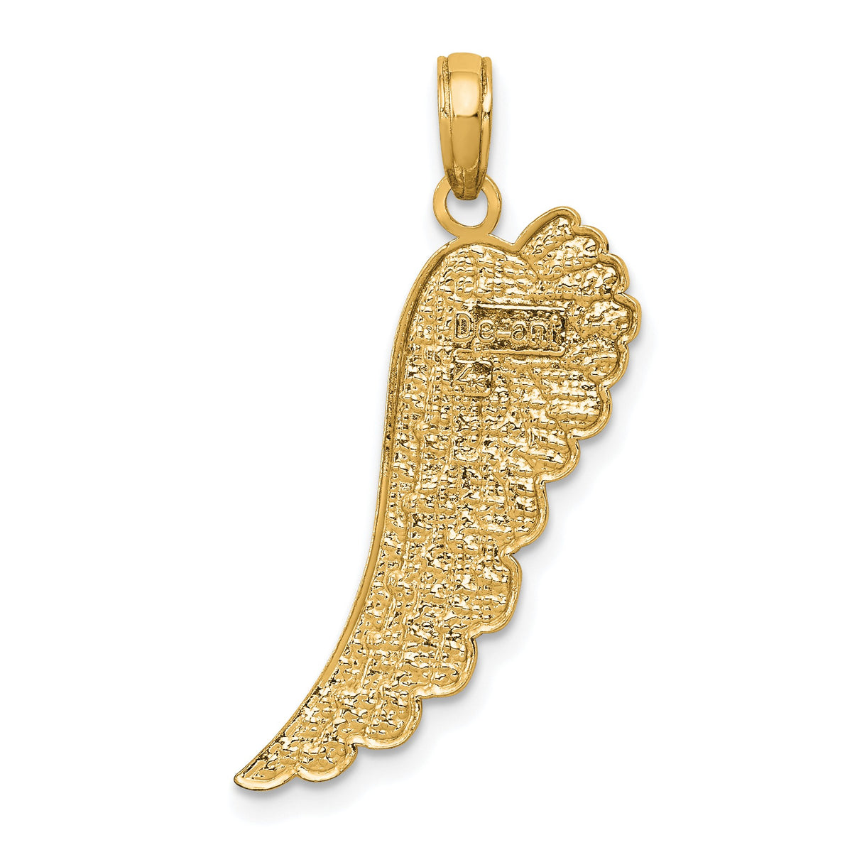 14k Yellow Gold Angel Wing Pendant with Etched Feather Detailing, Religious Charm for Women
