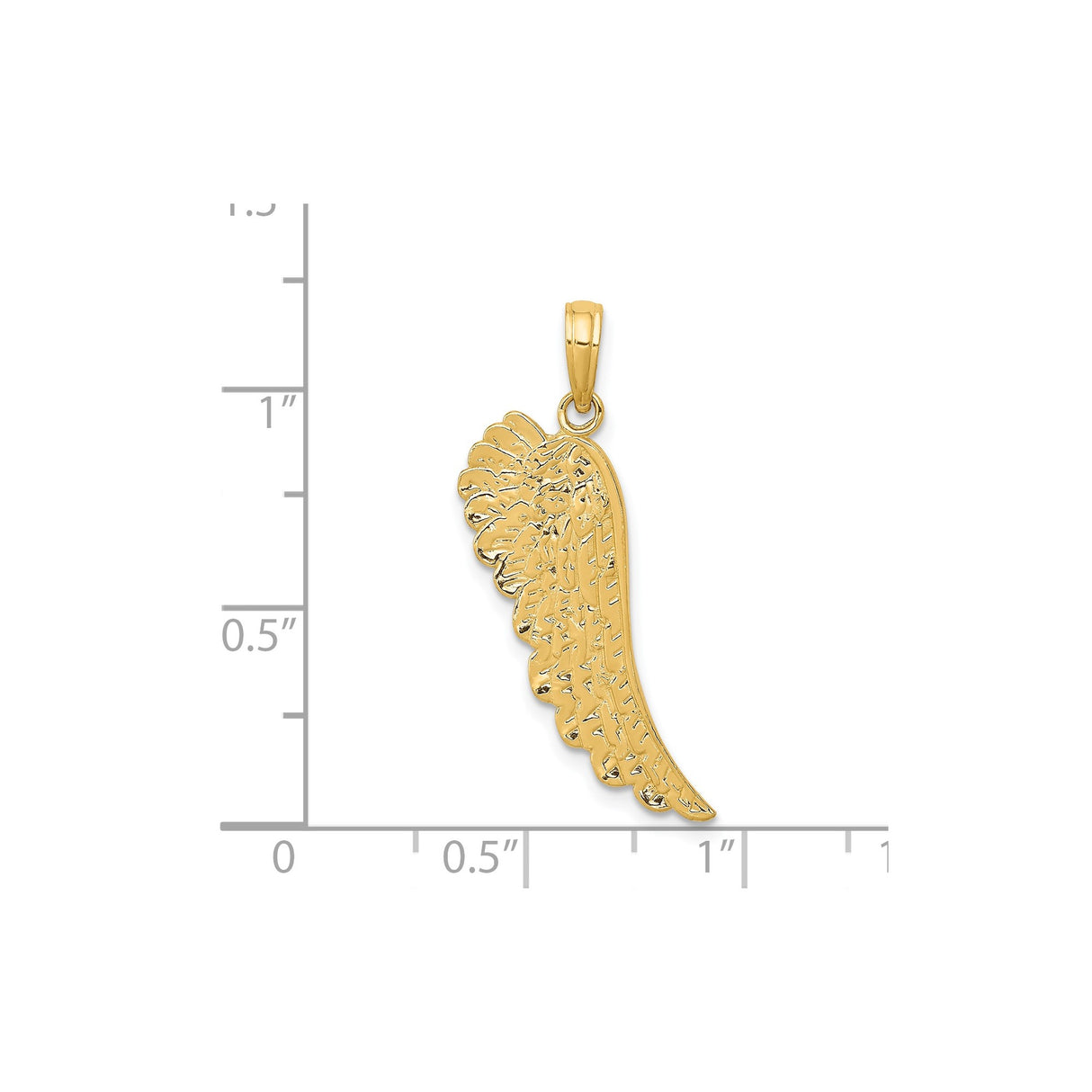 14k Yellow Gold Angel Wing Pendant with Etched Feather Detailing, Religious Charm for Women
