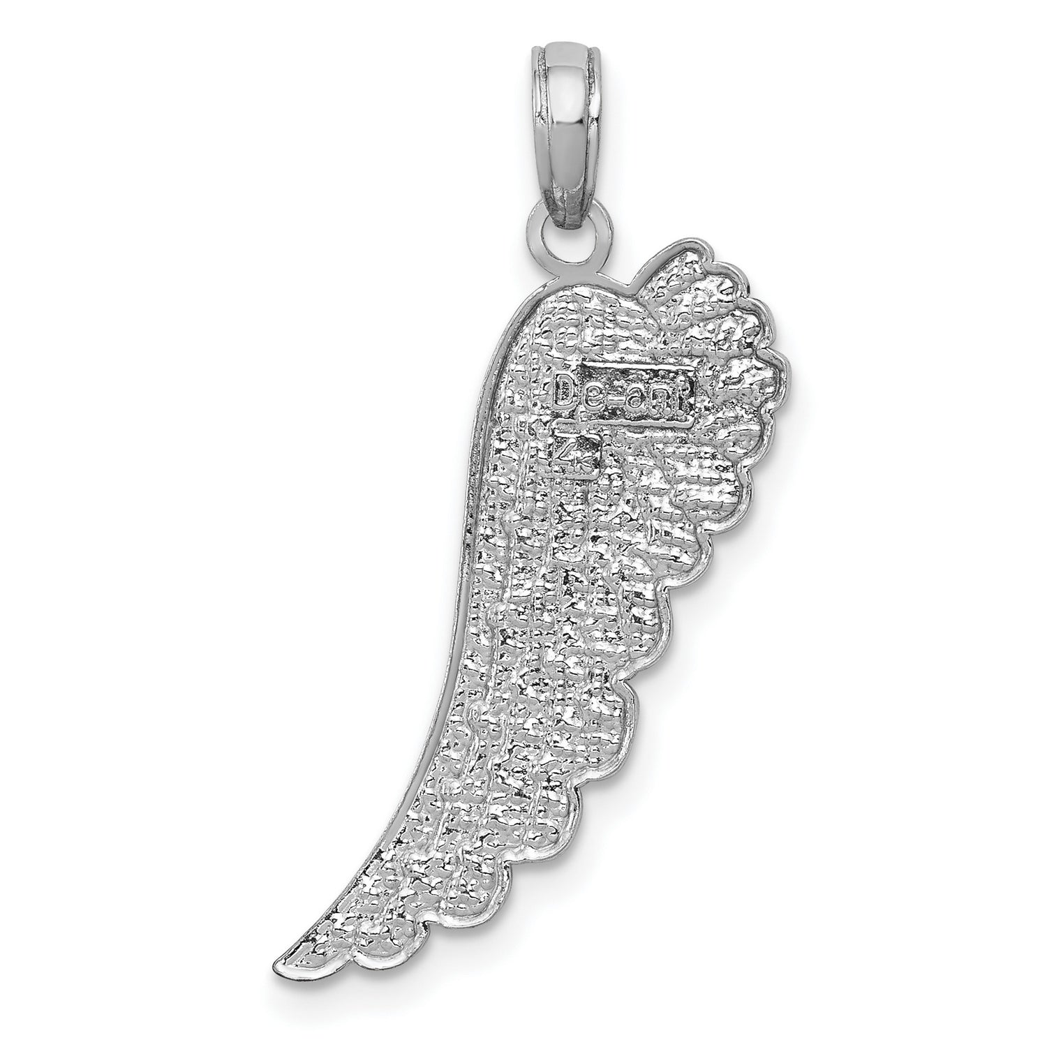 14k White Gold Angel Wing Pendant with Feather Detail, Christian Memorial Charm