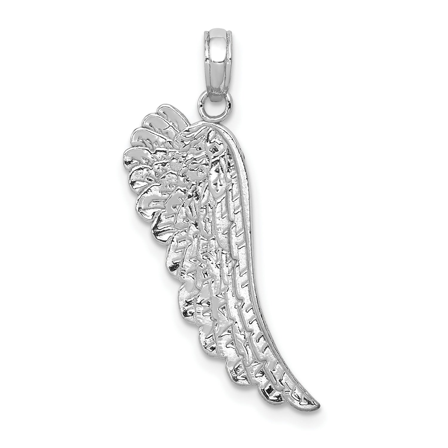 14k White Gold Angel Wing Pendant with Feather Detail, Christian Memorial Charm