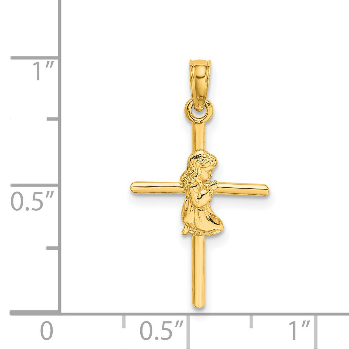 14k Yellow Gold Cross Pendant with Sculpted Praying Girl, Religious Charm for Men and Women