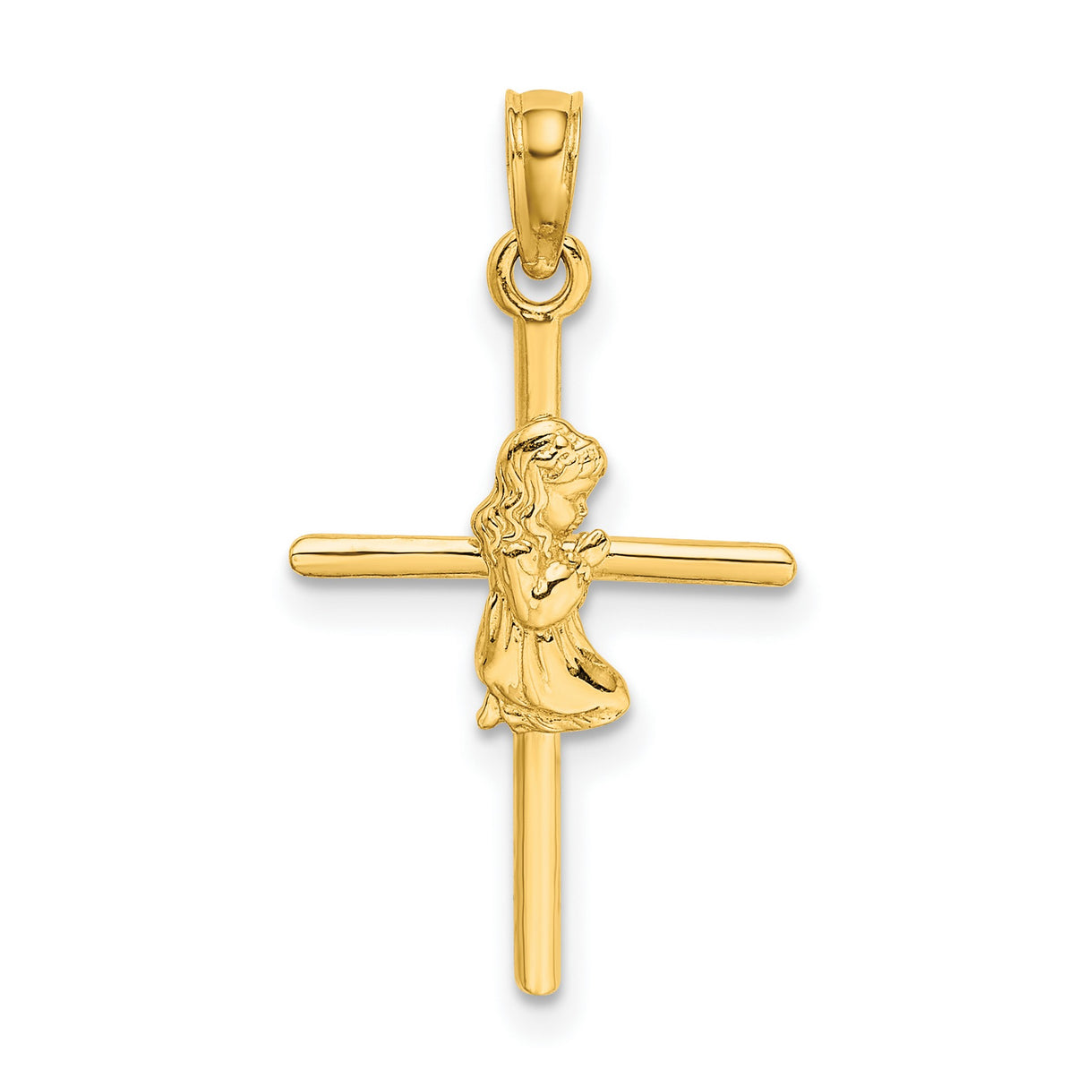 14k Yellow Gold Cross Pendant with Sculpted Praying Girl, Religious Charm for Men and Women