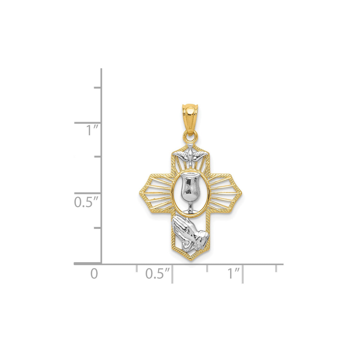 14k Yellow and White Gold Cross Pendant with Praying Hands, Chalice, and Dove Motif