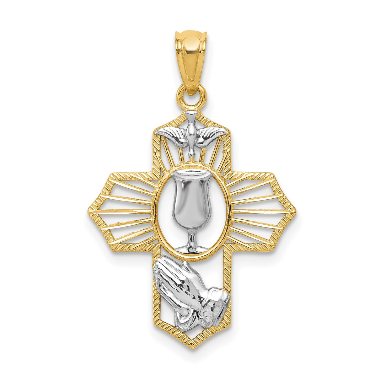14k Yellow and White Gold Cross Pendant with Praying Hands, Chalice, and Dove Motif
