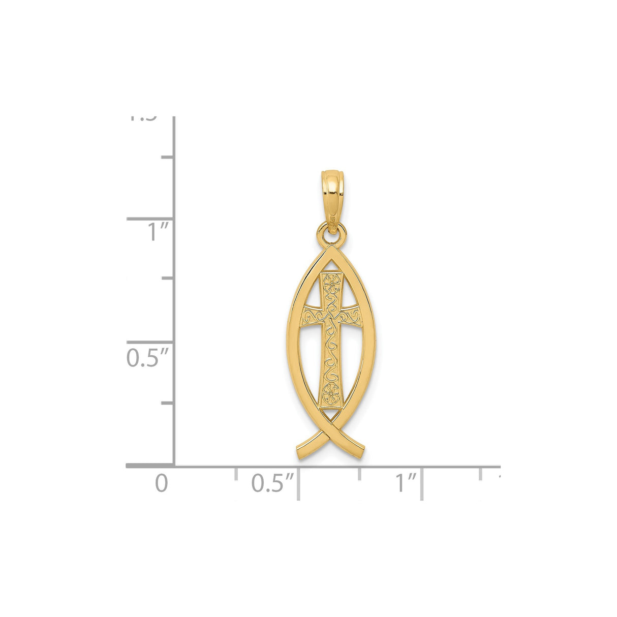 14k Yellow Gold Ichthys Fish Pendant with Ornate Cross, Christian Faith Charm