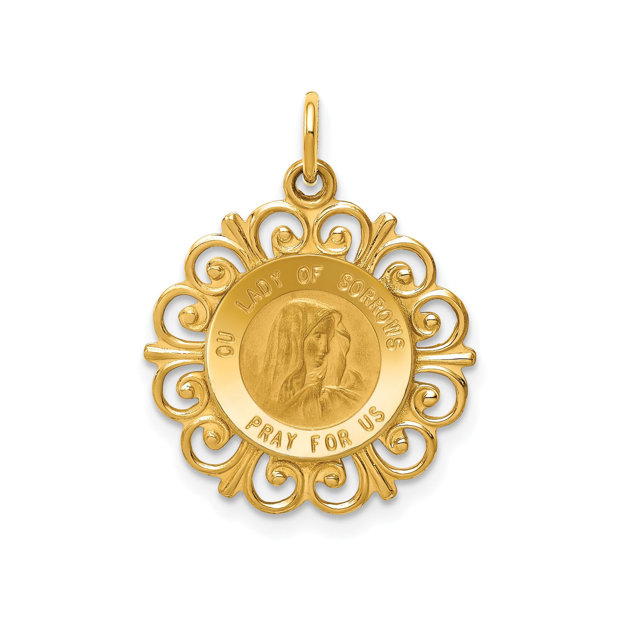14k Yellow Gold Our Lady of Sorrows Pendant with Filigree Border, Catholic Medallion