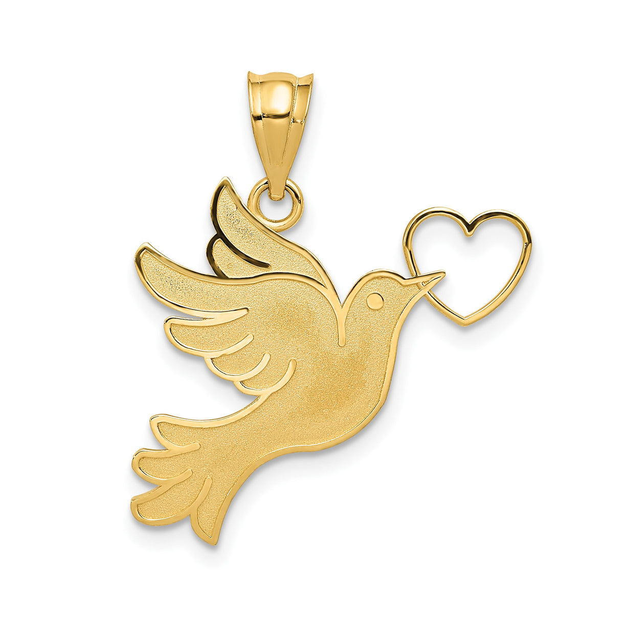 14k Yellow Gold Dove Pendant with Heart, Christian Peace and Love Charm for Women