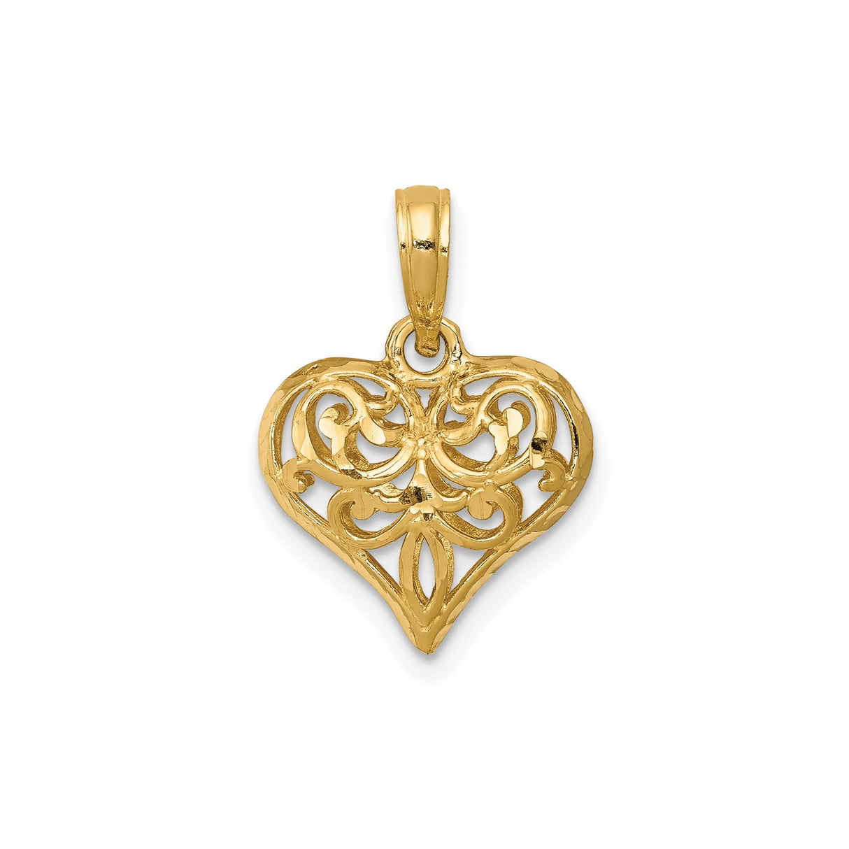 14k Yellow Gold Heart Pendant with Intricate Filigree Openwork Design