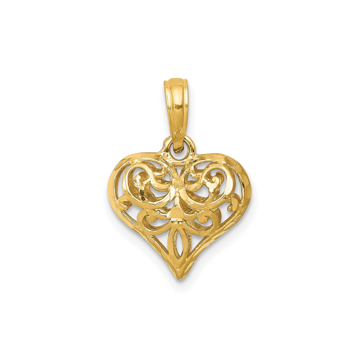 14k Yellow Gold Heart Pendant with Intricate Filigree Openwork Design