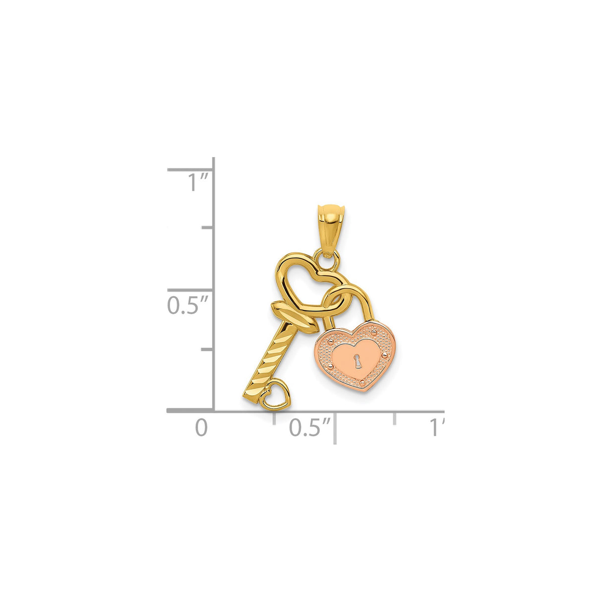 14k Two-Tone Gold Heart Key Pendant with Rose Gold Heart Lock, Romantic Love Jewelry for Women