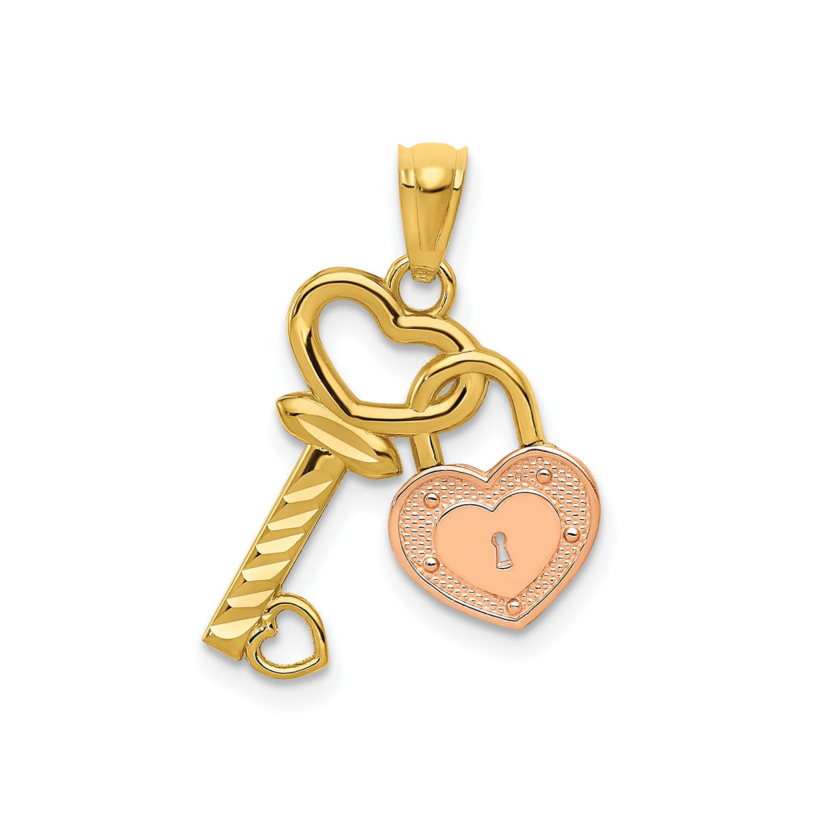 14k Two-Tone Gold Heart Key Pendant with Rose Gold Heart Lock, Romantic Love Jewelry for Women