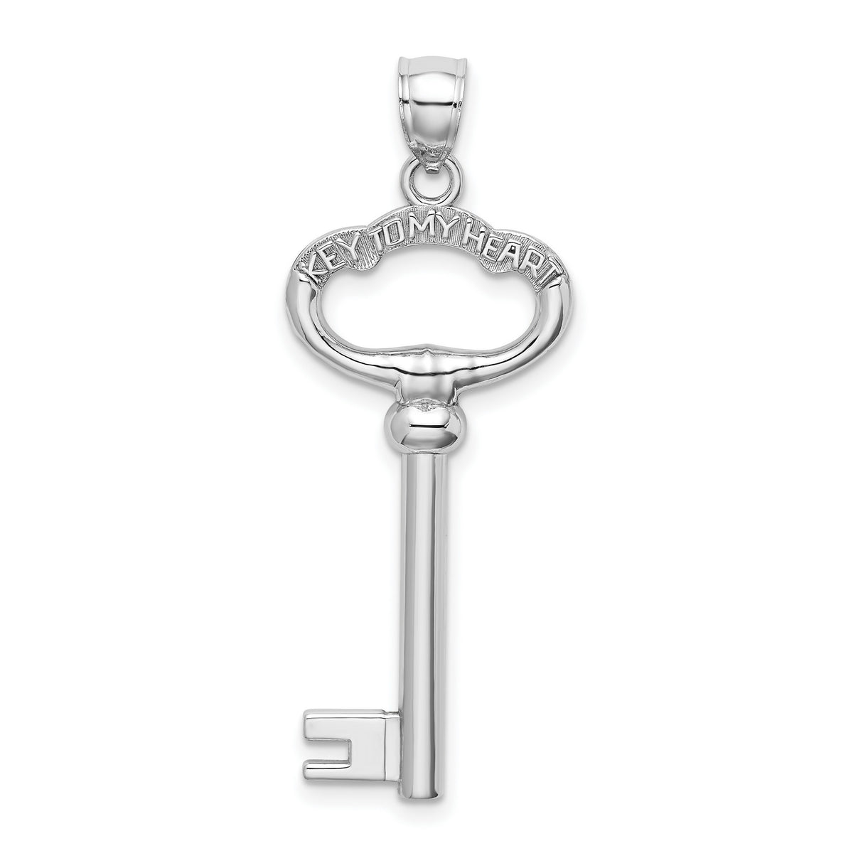 14k White Gold Key Pendant with Heart Engraving, Romantic Symbol of Love for Women