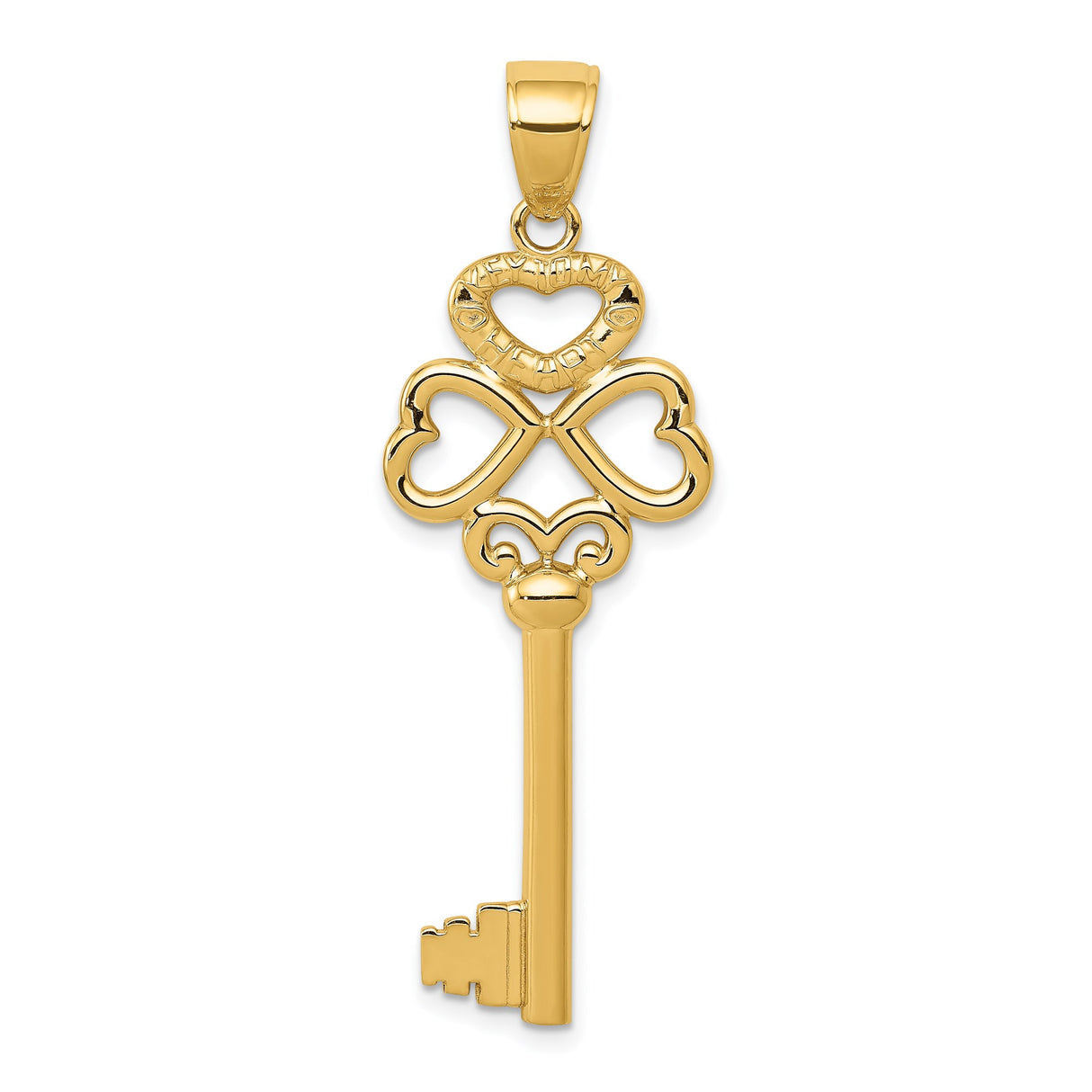 14k Yellow Gold Key Pendant with Heart and Infinity Symbol, Faith Hope Love Theme for Women