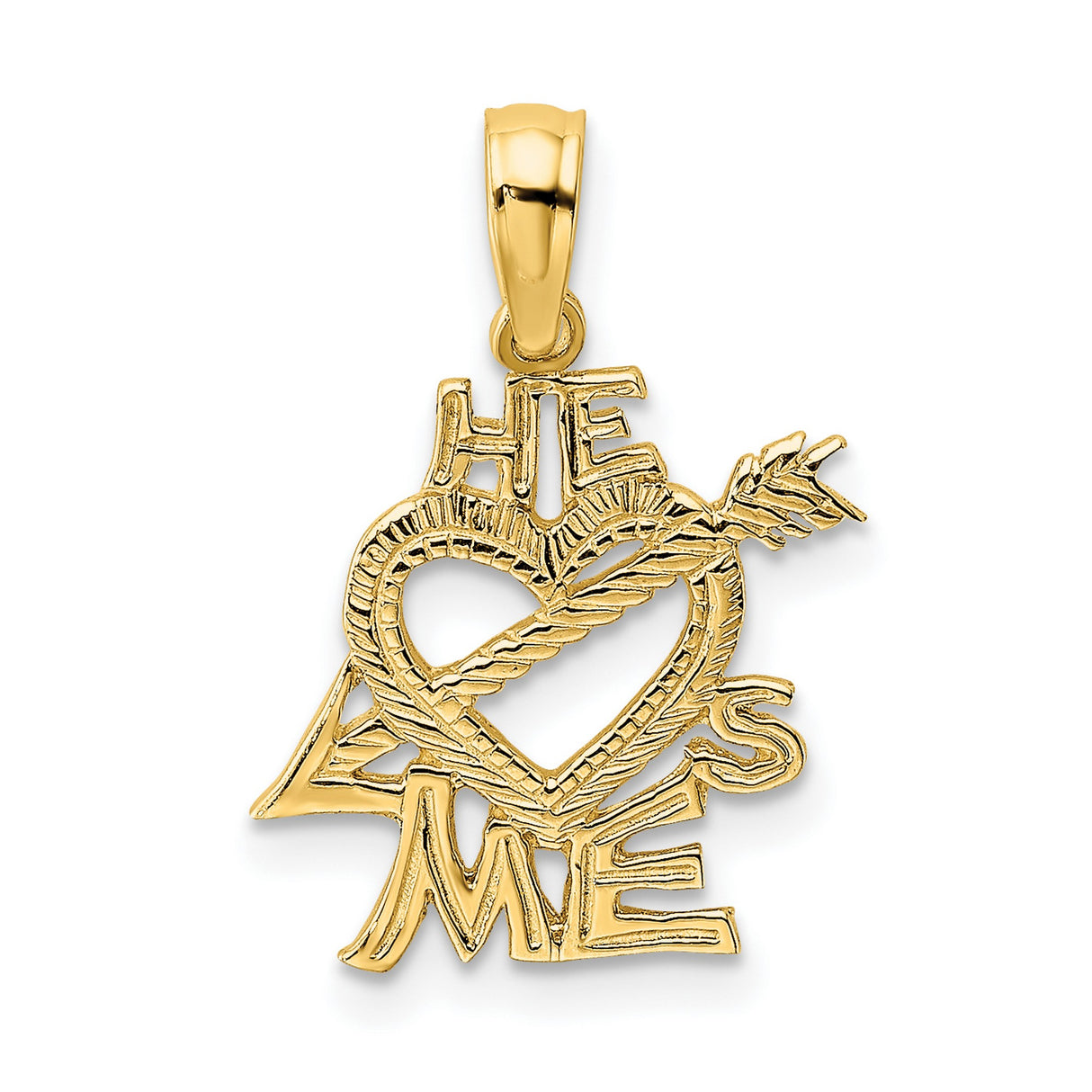 14k Yellow Gold Heart Pendant with Arrow He Loves Me Charm, Romantic Christian Jewelry