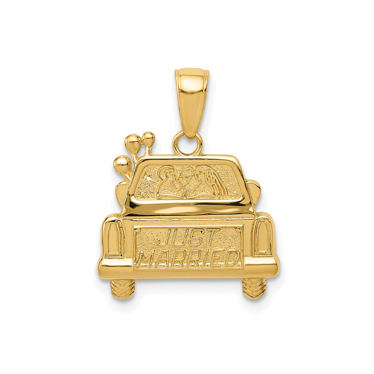 14k Yellow Gold Just Married Pendant with Bride and Groom in Car, Wedding Charm