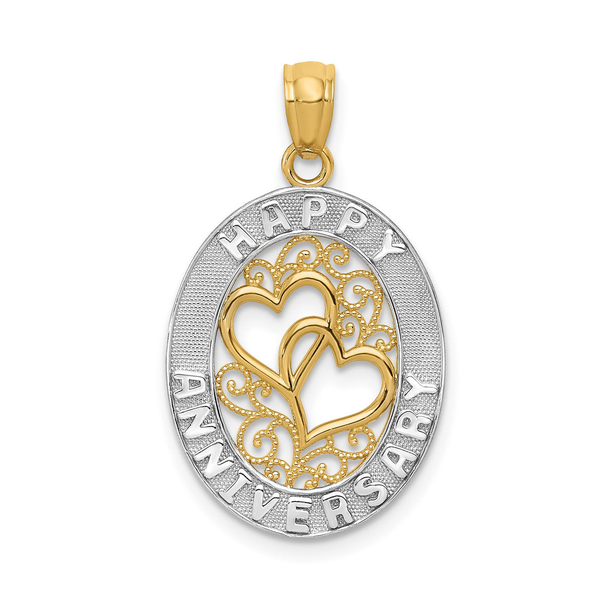 14k Multi-Tone Gold Pendant with Intertwined Hearts and Happy Anniversary Engraving