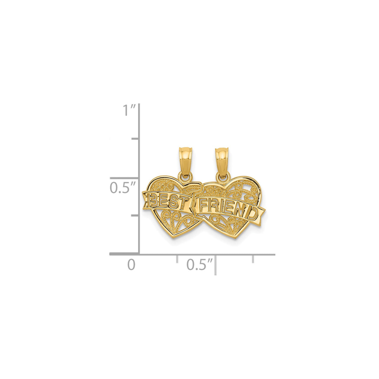 14k Yellow Gold Heart Pendant Split Friend Charm with Ornate Filigree Detailing for Women or Teens