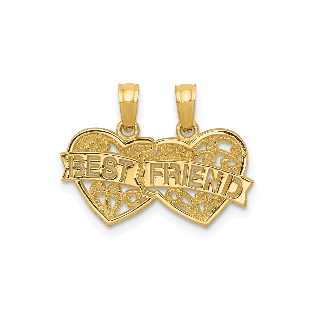 14k Yellow Gold Heart Pendant Split Friend Charm with Ornate Filigree Detailing for Women or Teens
