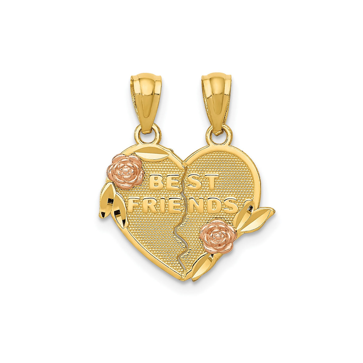 14k Two-Tone Gold Split Heart Pendant with Rose Detail, Friendship Charm for Women or Girls