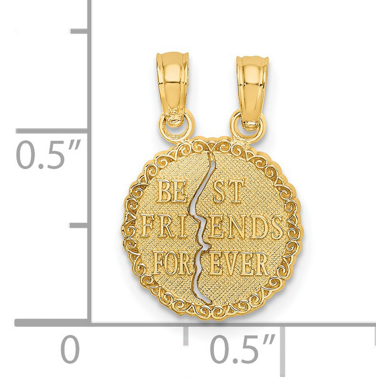 14k Yellow Gold Split Heart Pendant with Friends Forever Text and Scroll Border