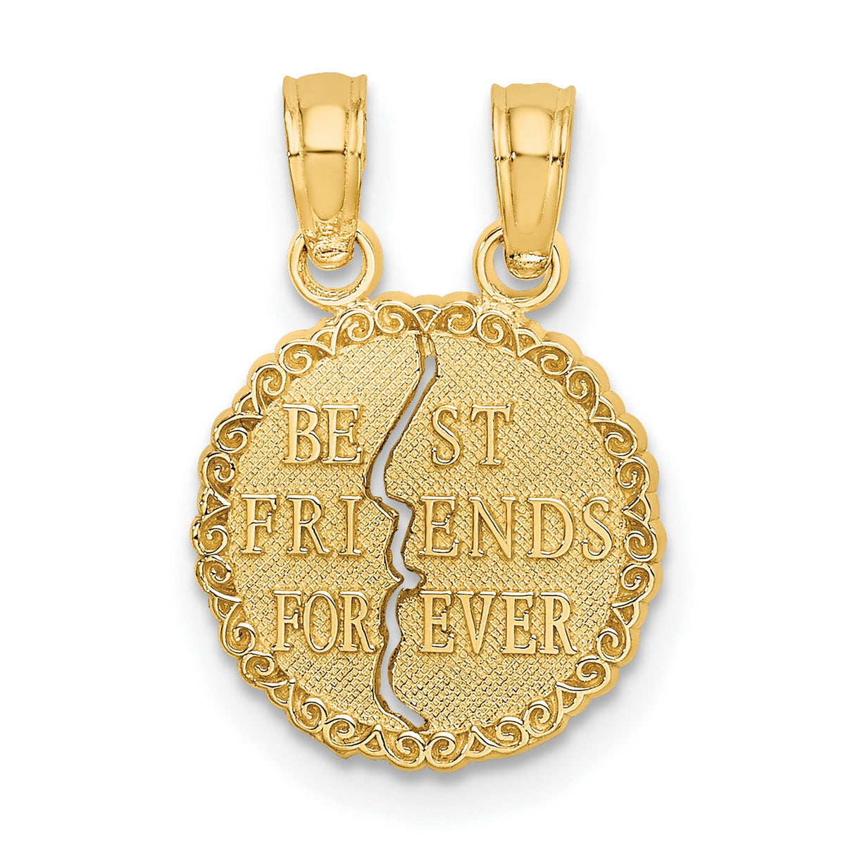 14k Yellow Gold Split Heart Pendant with Friends Forever Text and Scroll Border
