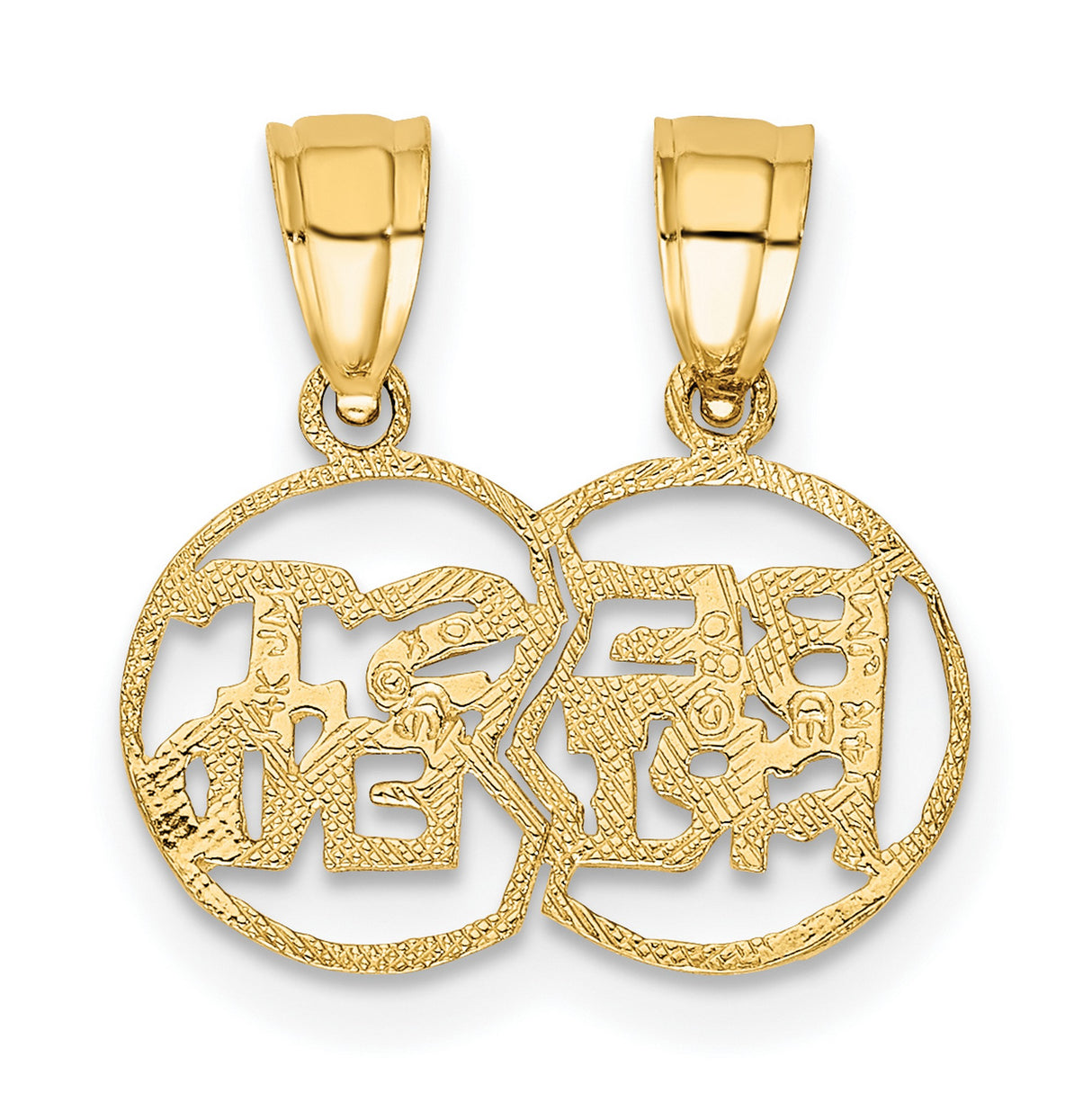 14k Yellow Gold Split Heart Pendant with Cutout FRIEND Design, Break Apart Friendship Charm