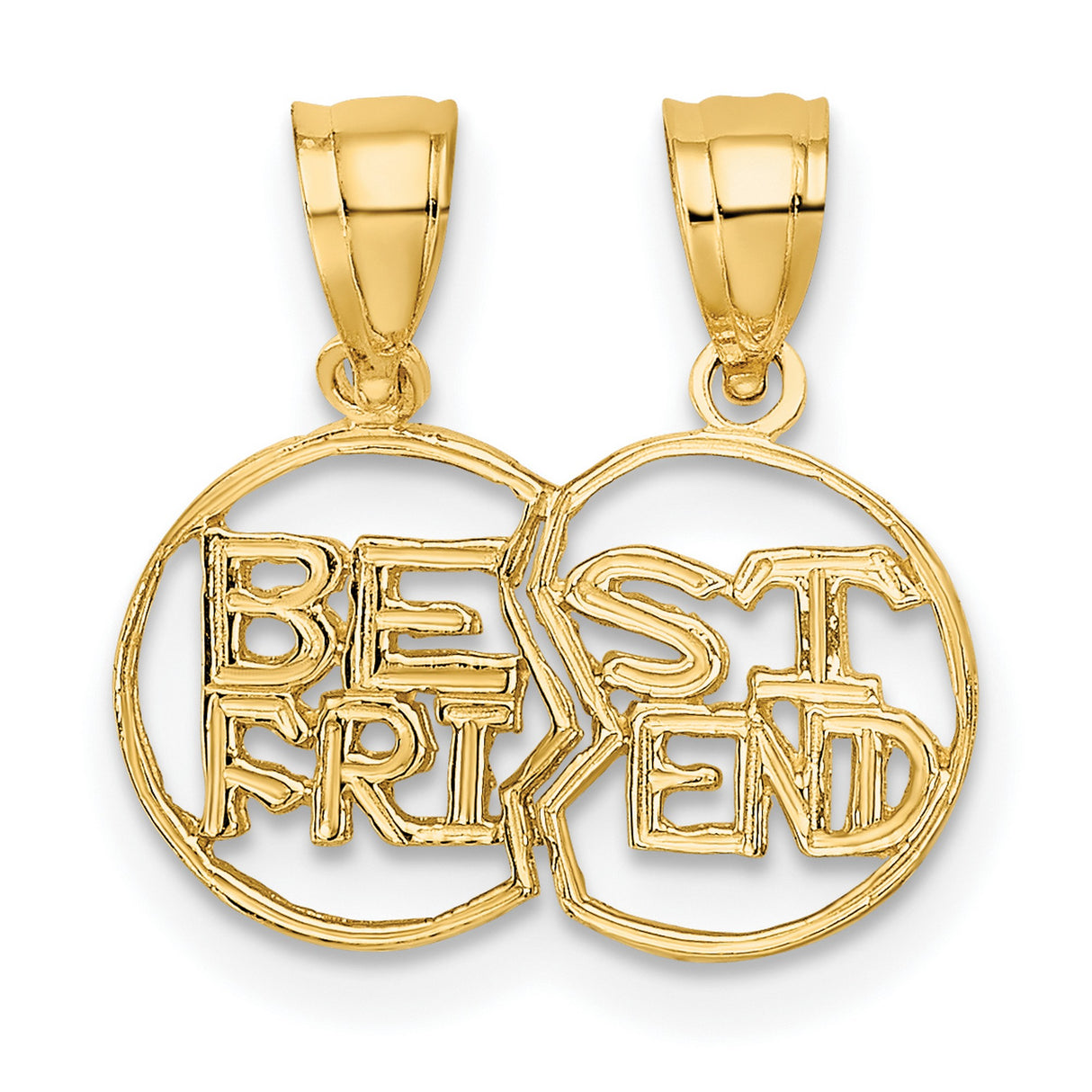 14k Yellow Gold Split Heart Pendant with Cutout FRIEND Design, Break Apart Friendship Charm