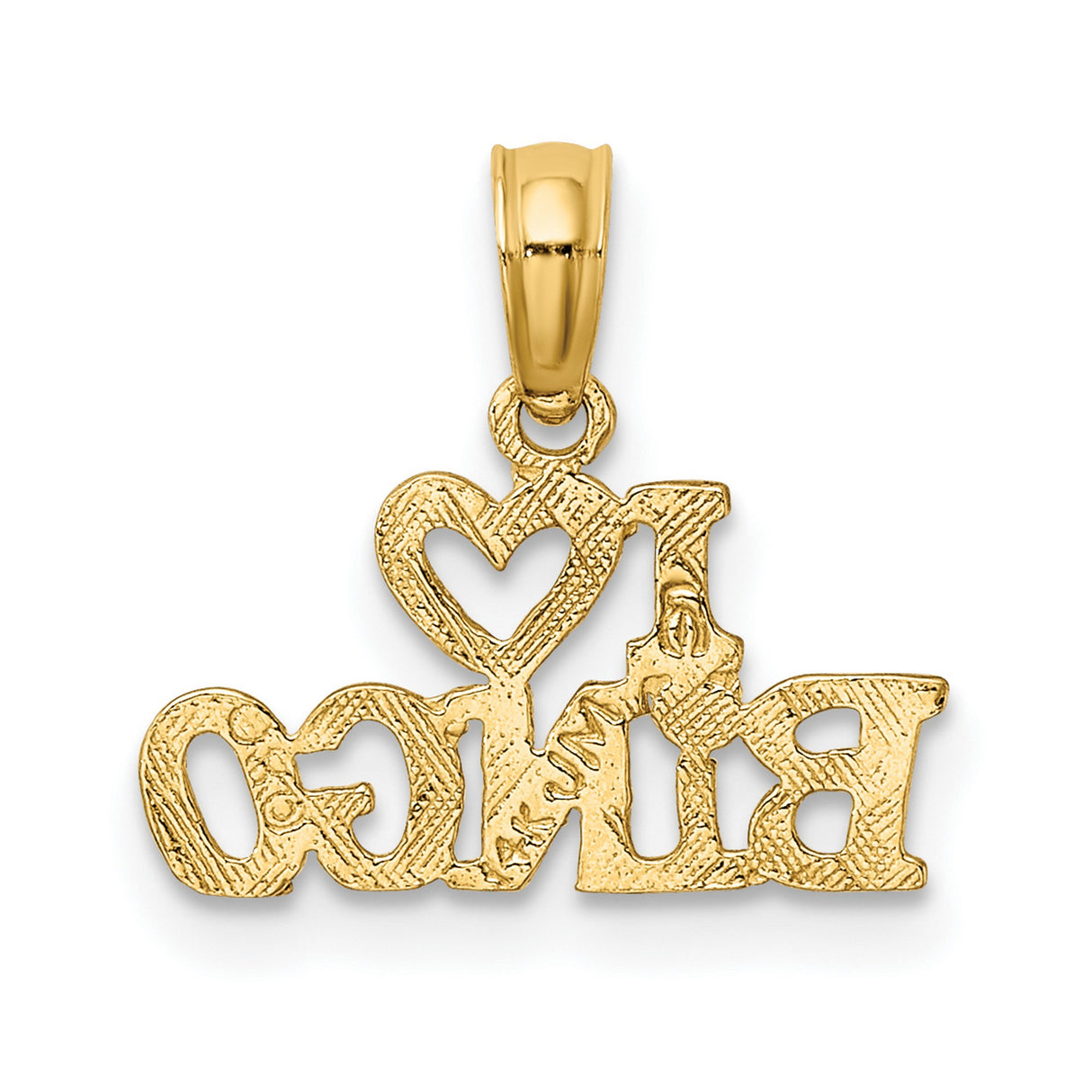 14k Yellow Gold Pendant, I Love Bingo Textured Charm, Fun Gamer Jewelry for Women or Unisex Wear