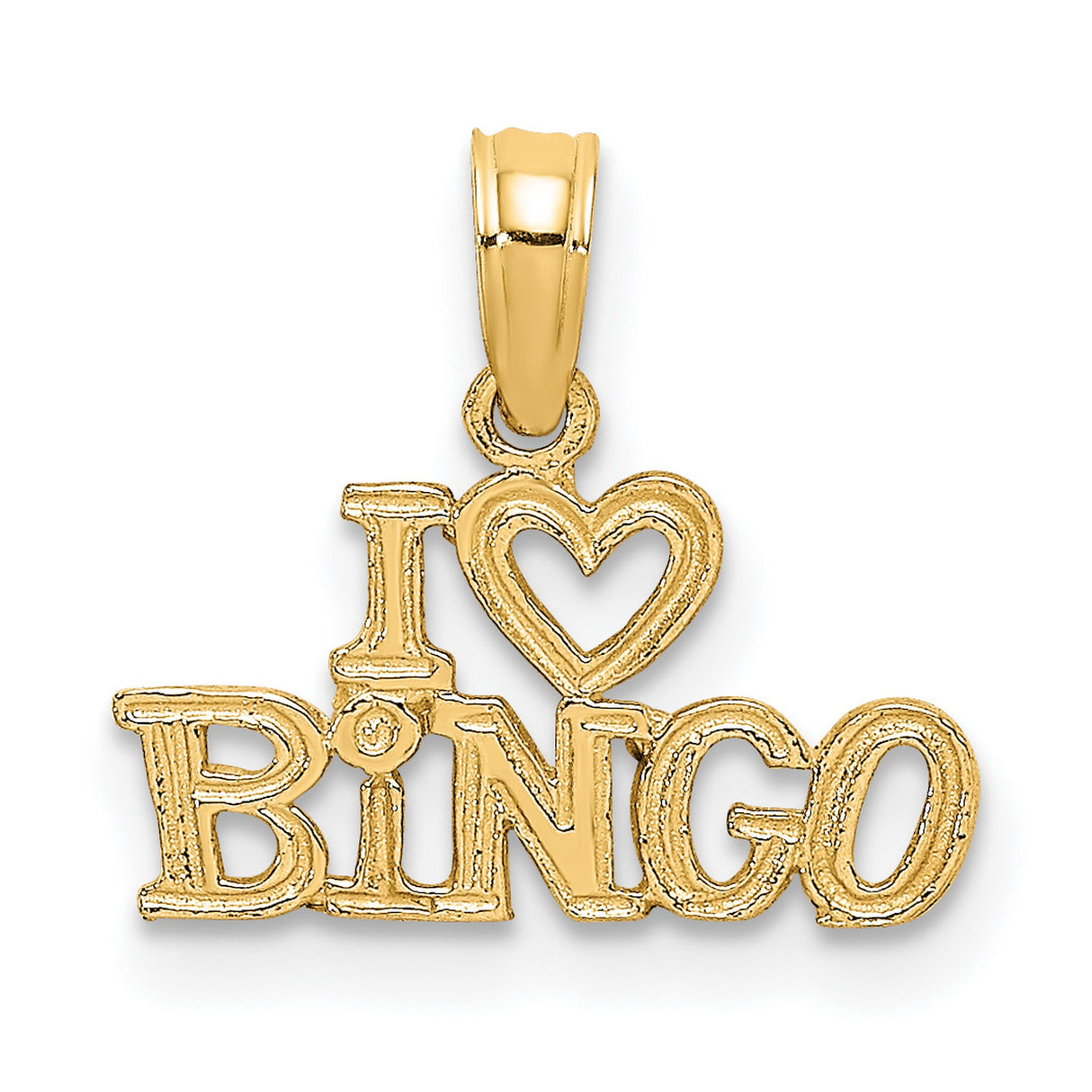 14k Yellow Gold Pendant, I Love Bingo Textured Charm, Fun Gamer Jewelry for Women or Unisex Wear