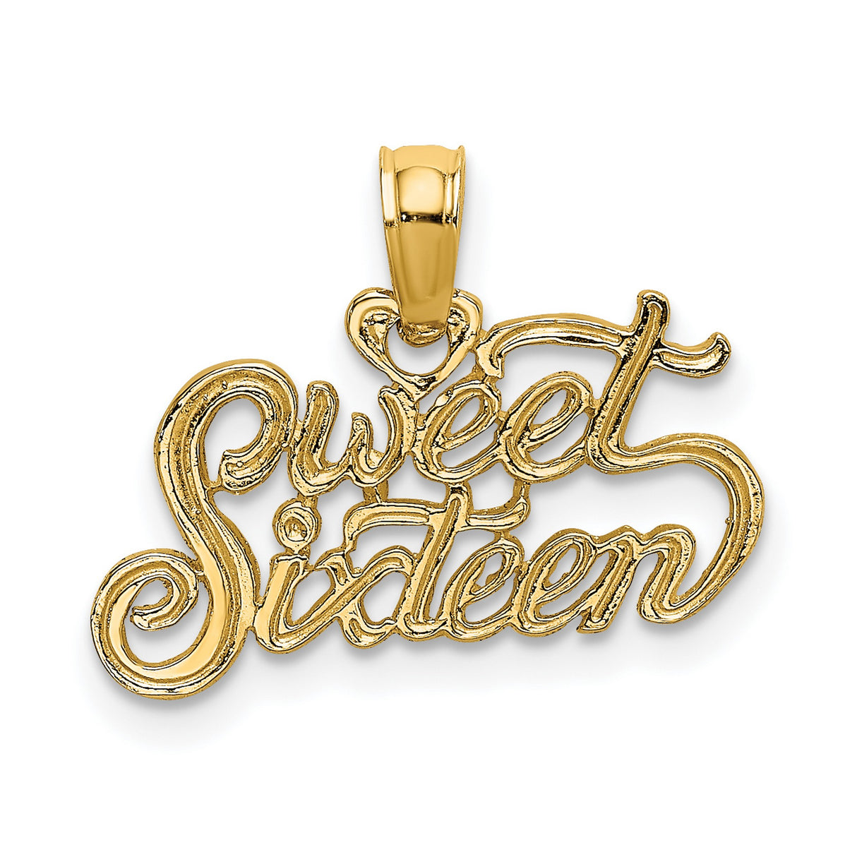 14k Yellow Gold Sweet Sixteen Pendant, Script Lettering Charm for Teen Girls