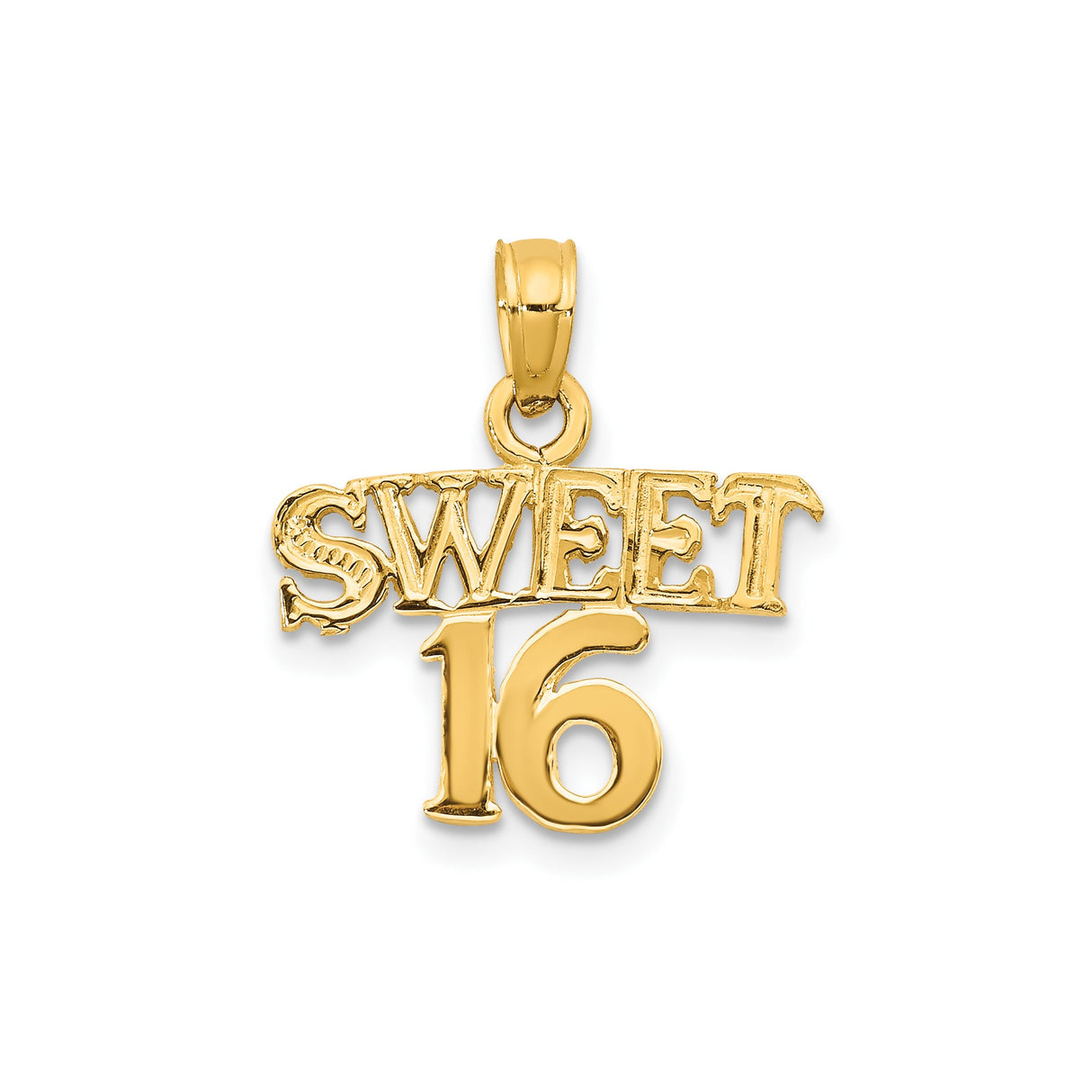 14k Yellow Gold Sweet 16 Pendant, Bold Lettering Milestone Charm for Teen Girls