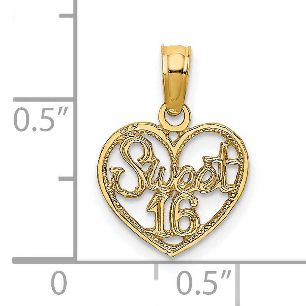 14k Yellow Gold Heart Pendant with Sweet 16 Script, Milestone Charm for Teen Girls